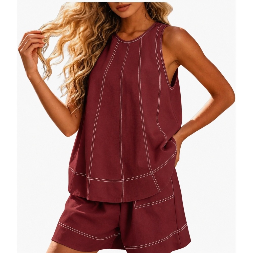 Lounge Set Tank Top & High Waisted Shirts Contrast Stitching Burgundy XLarge NWT